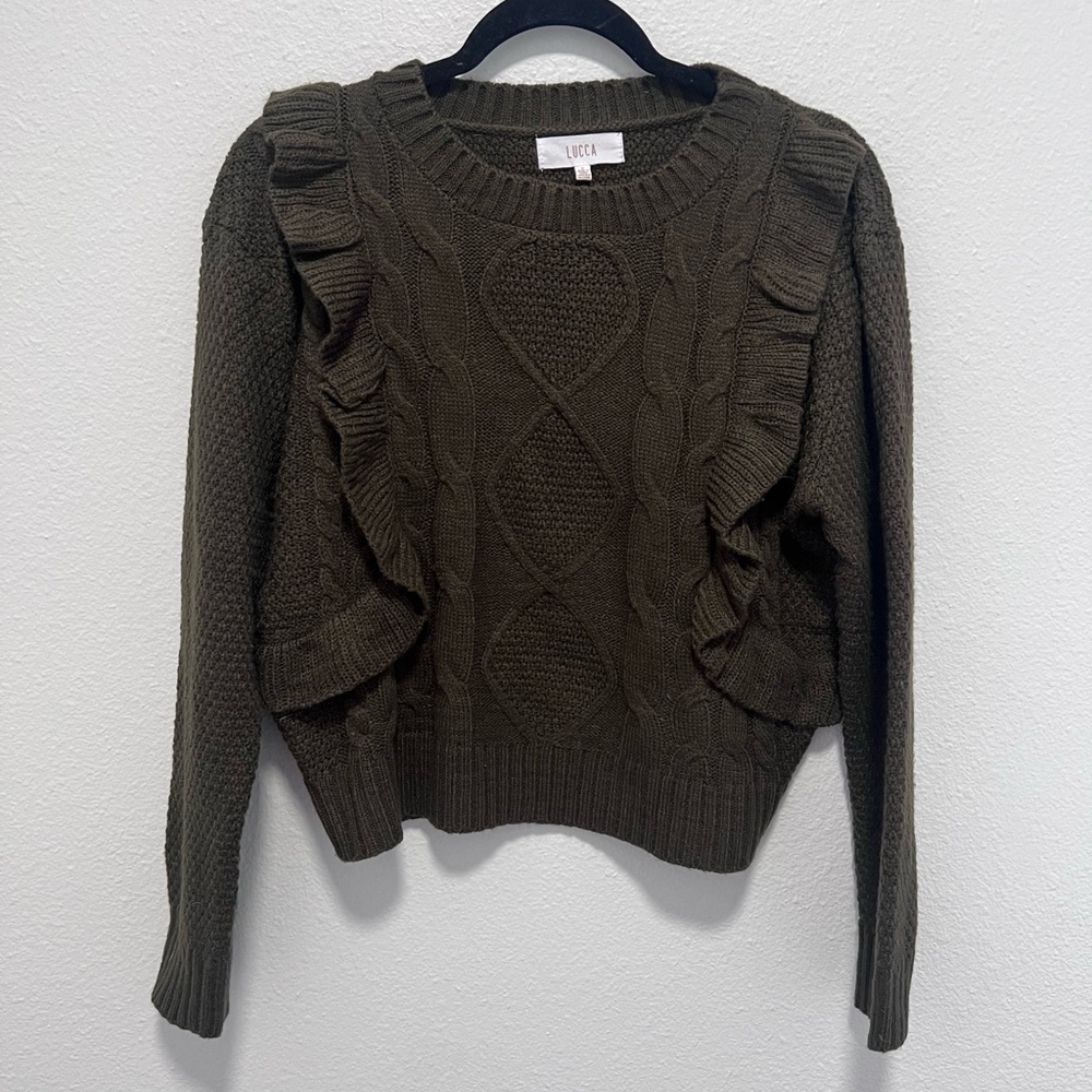 Lucca Olive Green Ruffle Cable Knit Sweater Size Small